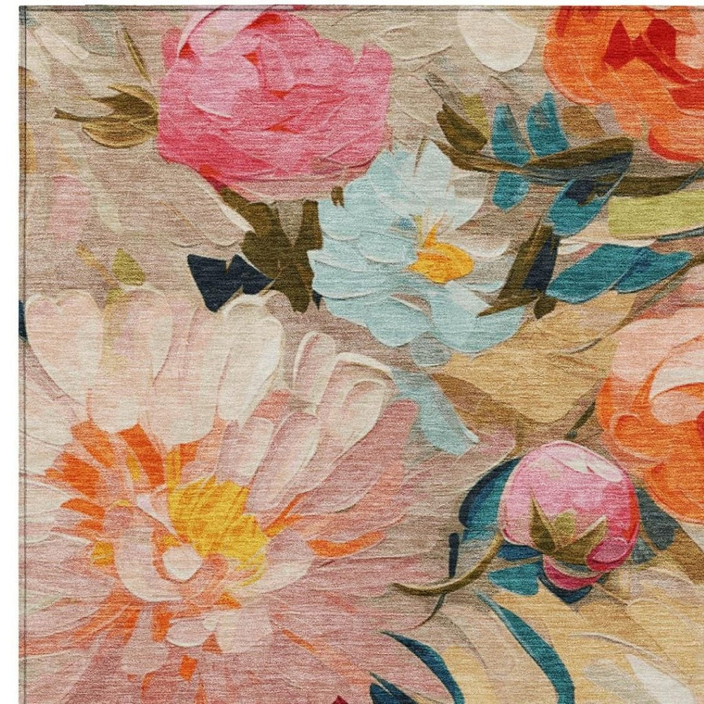 HomeRoots 8' X 10' Floral Washable Area Rug in Beige, Yellow, Teal, Blue & Orange - Durable for Indoor & Outdoor Use 641179