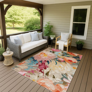 HomeRoots 8' X 10' Floral Washable Area Rug in Beige, Yellow, Teal, Blue & Orange - Durable for Indoor & Outdoor Use 641179