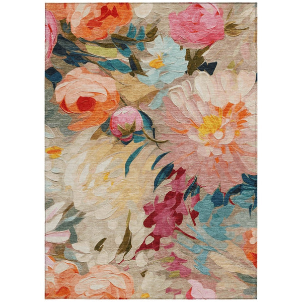 HomeRoots 9' Vibrant Floral Area Rug in Beige, Yellow, Teal & Orange - Washable for Indoor & Outdoor Use! 641180