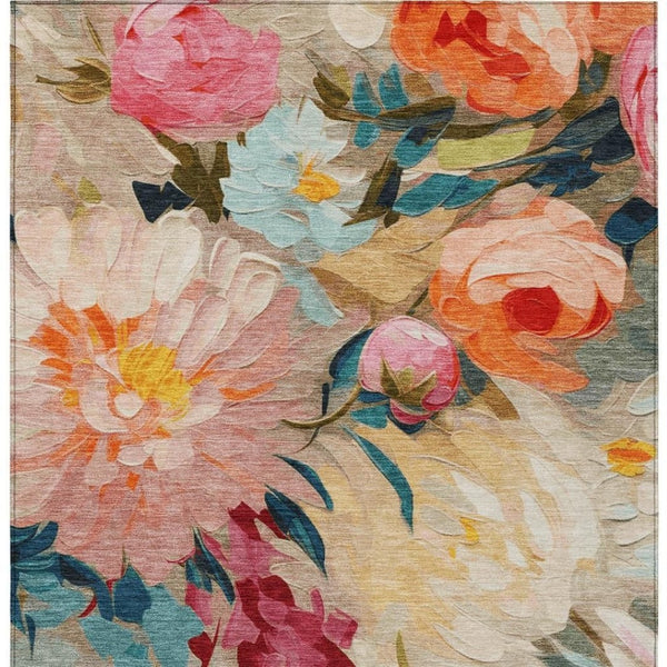 HomeRoots 9' Vibrant Floral Area Rug in Beige, Yellow, Teal & Orange - Washable for Indoor & Outdoor Use! 641180