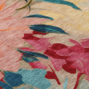 HomeRoots 9' Vibrant Floral Area Rug in Beige, Yellow, Teal & Orange - Washable for Indoor & Outdoor Use! 641180