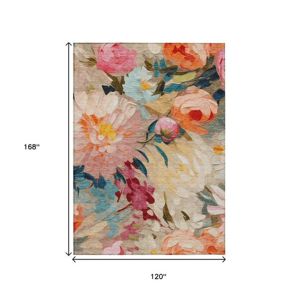 HomeRoots 10' Vibrant Floral Washable Area Rug - Durable Beige, Yellow, Teal, Blue & Orange for Indoor/Outdoor Use 641181