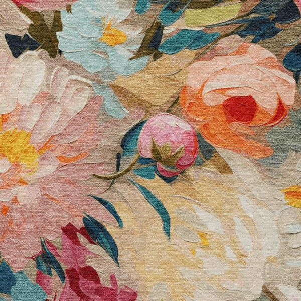 HomeRoots 10' Vibrant Floral Washable Area Rug - Durable Beige, Yellow, Teal, Blue & Orange for Indoor/Outdoor Use 641181
