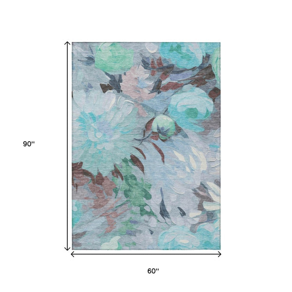 HomeRoots 5' X 8' Floral Area Rug in Sky Blue, Mint Green & Ivory – Durable, Washable for Indoor & Outdoor Use 641183
