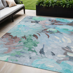 HomeRoots 5' X 8' Floral Area Rug in Sky Blue, Mint Green & Ivory – Durable, Washable for Indoor & Outdoor Use 641183