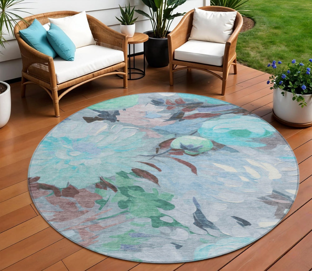 HomeRoots 8' Round Floral Area Rug in Sky Blue, Mint Green, & Ivory – Washable for Indoor & Outdoor Use! 641184