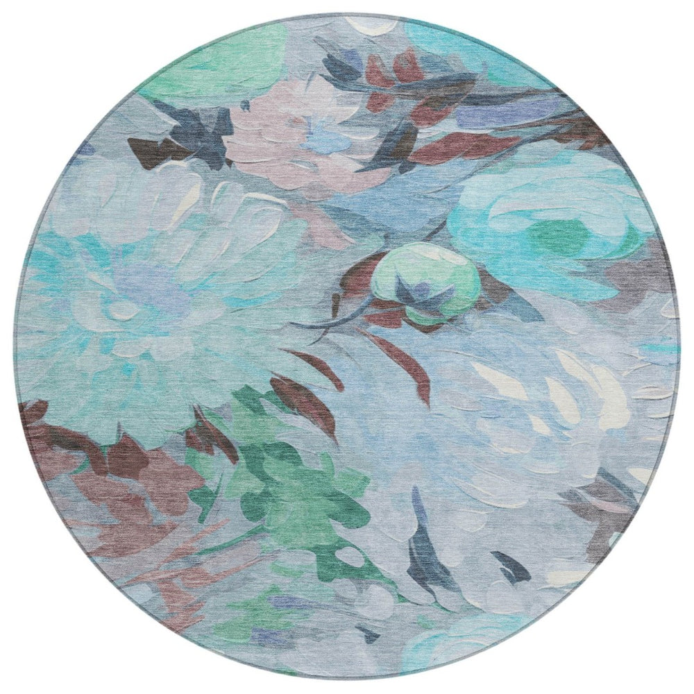 HomeRoots 8' Round Floral Area Rug in Sky Blue, Mint Green, & Ivory – Washable for Indoor & Outdoor Use! 641184
