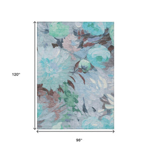 HomeRoots 8' X 10' Floral Area Rug in Sky Blue, Mint Green & Ivory - Washable, Durable for Indoor & Outdoor Use 641185