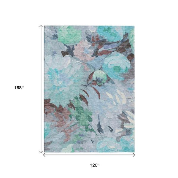 HomeRoots 10' Sky Blue, Mint Green & Ivory Floral Washable Area Rug – Durable Indoor/Outdoor Elegance for Every Space 641187
