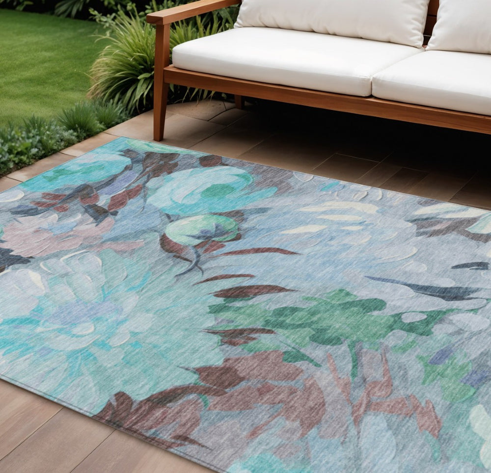 HomeRoots 10' Sky Blue, Mint Green & Ivory Floral Washable Area Rug – Durable Indoor/Outdoor Elegance for Every Space 641187