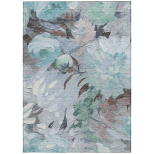 HomeRoots 5' Teal Blue, Ivory & Gray Floral Washable Area Rug – Indoor/Outdoor, Durable & Easy-Clean Charm 641189