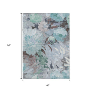HomeRoots 5' Teal Blue, Ivory & Gray Floral Washable Area Rug – Indoor/Outdoor, Durable & Easy-Clean Charm 641189
