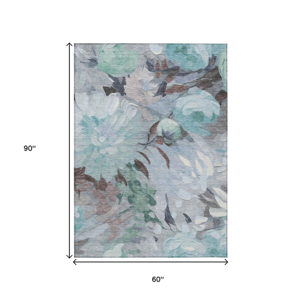 HomeRoots 5' Teal Blue, Ivory & Gray Floral Washable Area Rug – Indoor/Outdoor, Durable & Easy-Clean Charm 641189