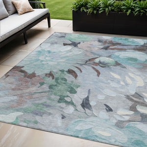 HomeRoots 5' Teal Blue, Ivory & Gray Floral Washable Area Rug – Indoor/Outdoor, Durable & Easy-Clean Charm 641189
