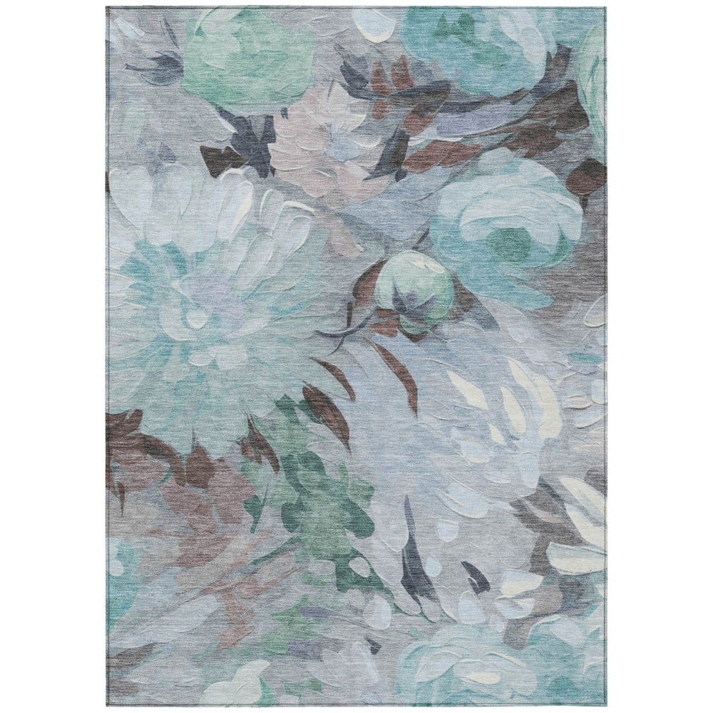 HomeRoots 5' Teal Blue, Ivory & Gray Floral Washable Area Rug – Indoor/Outdoor, Durable & Easy-Clean Charm 641189