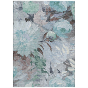 HomeRoots 5' Teal Blue, Ivory & Gray Floral Washable Area Rug – Indoor/Outdoor, Durable & Easy-Clean Charm 641189
