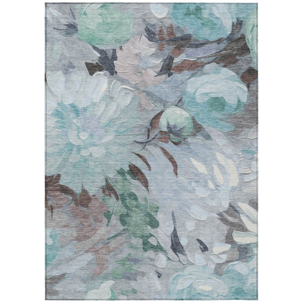 HomeRoots 5' Teal Blue, Ivory & Gray Floral Washable Area Rug – Indoor/Outdoor, Durable & Easy-Clean Charm 641189