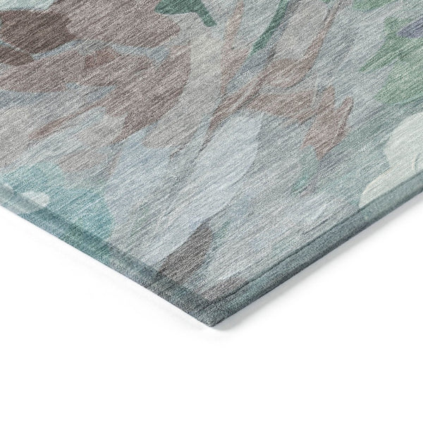 HomeRoots 5' Teal Blue, Ivory & Gray Floral Washable Area Rug – Indoor/Outdoor, Durable & Easy-Clean Charm 641189