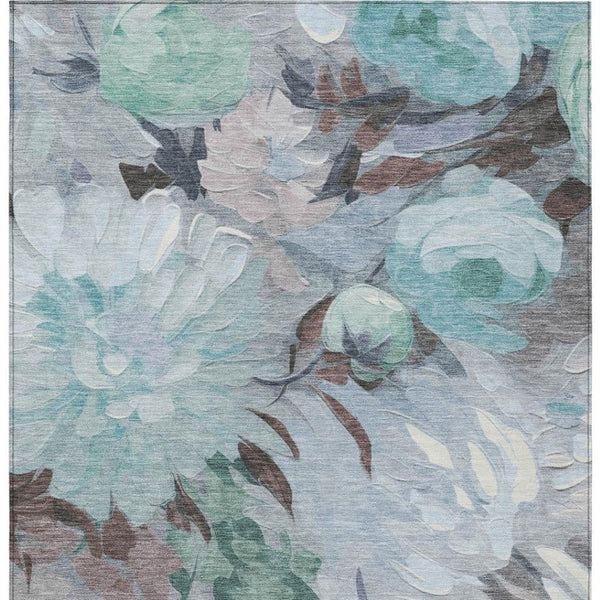 HomeRoots 5' Teal Blue, Ivory & Gray Floral Washable Area Rug – Indoor/Outdoor, Durable & Easy-Clean Charm 641189
