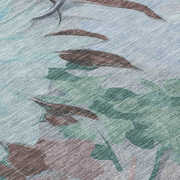 HomeRoots 5' Teal Blue, Ivory & Gray Floral Washable Area Rug – Indoor/Outdoor, Durable & Easy-Clean Charm 641189