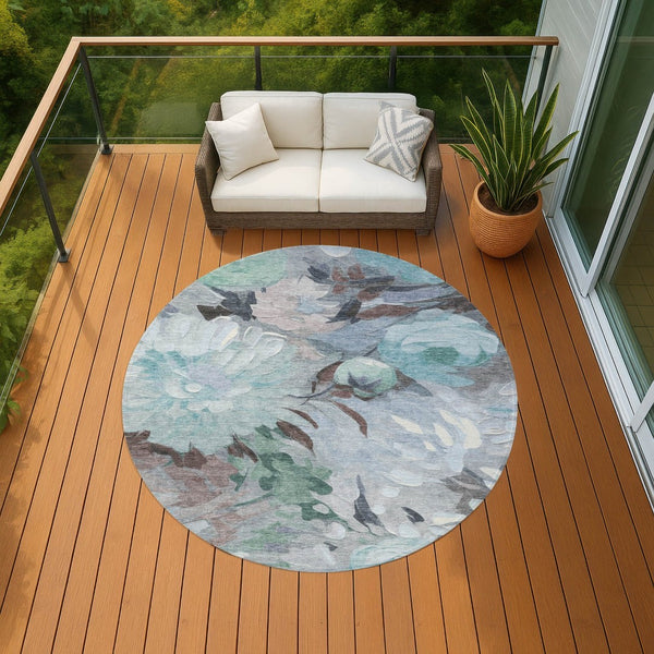 HomeRoots 8' Teal Blue Floral Area Rug - Durable Indoor/Outdoor Design, Machine Washable & Stain Resistant! 641190