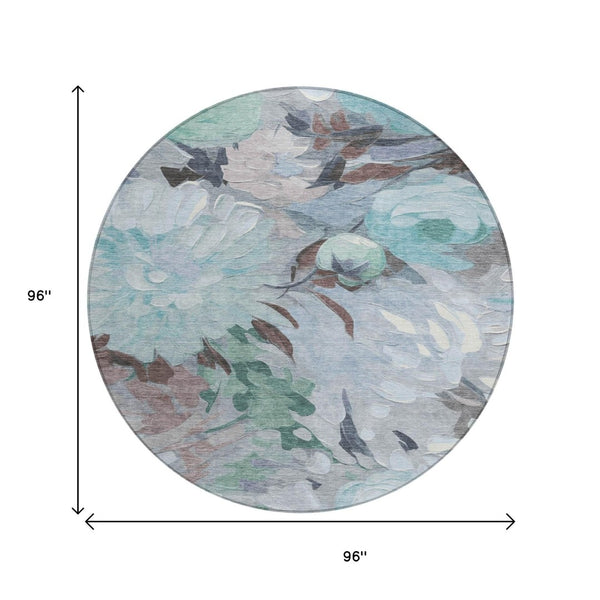 HomeRoots 8' Teal Blue Floral Area Rug - Durable Indoor/Outdoor Design, Machine Washable & Stain Resistant! 641190