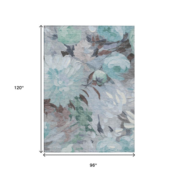 HomeRoots 8' X 10' Teal Blue Floral Area Rug - Stylish, Washable, Durable for Indoor & Outdoor Spaces! 641191