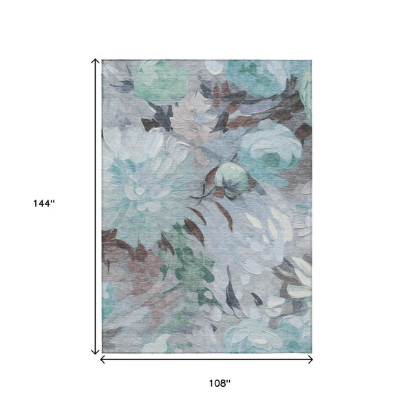 HomeRoots 9' X 12' Teal Blue Floral Area Rug - Washable Indoor/Outdoor Charm for High-Traffic Spaces! 641192