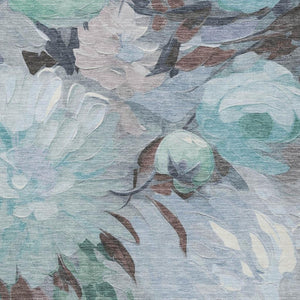 HomeRoots 9' X 12' Teal Blue Floral Area Rug - Washable Indoor/Outdoor Charm for High-Traffic Spaces! 641192