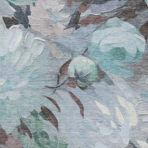 HomeRoots 9' X 12' Teal Blue Floral Area Rug - Washable Indoor/Outdoor Charm for High-Traffic Spaces! 641192