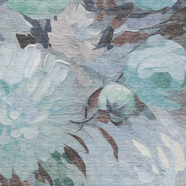 HomeRoots 10' Teal Blue Ivory Gray Floral Area Rug - Washable, Indoor/Outdoor, Stain-Resistant, Versatile Design 641193