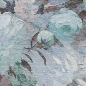 HomeRoots 10' Teal Blue Ivory Gray Floral Area Rug - Washable, Indoor/Outdoor, Stain-Resistant, Versatile Design 641193
