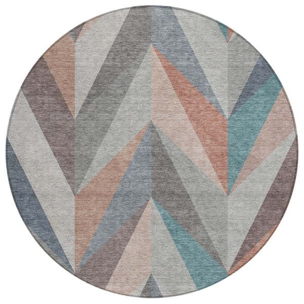 HomeRoots 8' Round Geometric Area Rug in Copper, Ivory & Taupe - Washable, Durable for Indoor & Outdoor Use 641196