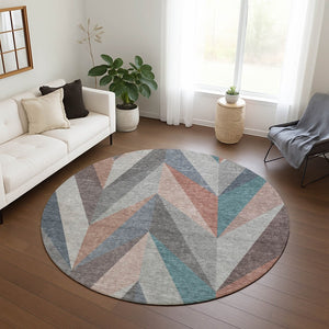 HomeRoots 8' Round Geometric Area Rug in Copper, Ivory & Taupe - Washable, Durable for Indoor & Outdoor Use 641196