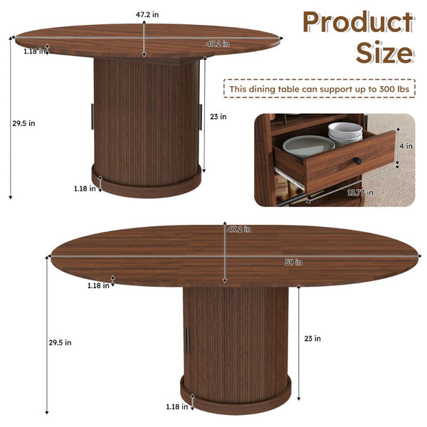 English Elm 47 Inch Extendable Round Dining Table Walnut Finish Seats 8 with Wire Grid Shelf W2700P385519