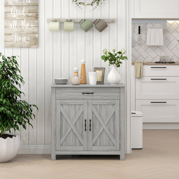 English Elm HOMCOM Rustic Farmhouse Sideboard Buffet Cabinet with Barn Doors, Drawer & Adjustable Shelves for Entryway Stone Gray W2225P229123