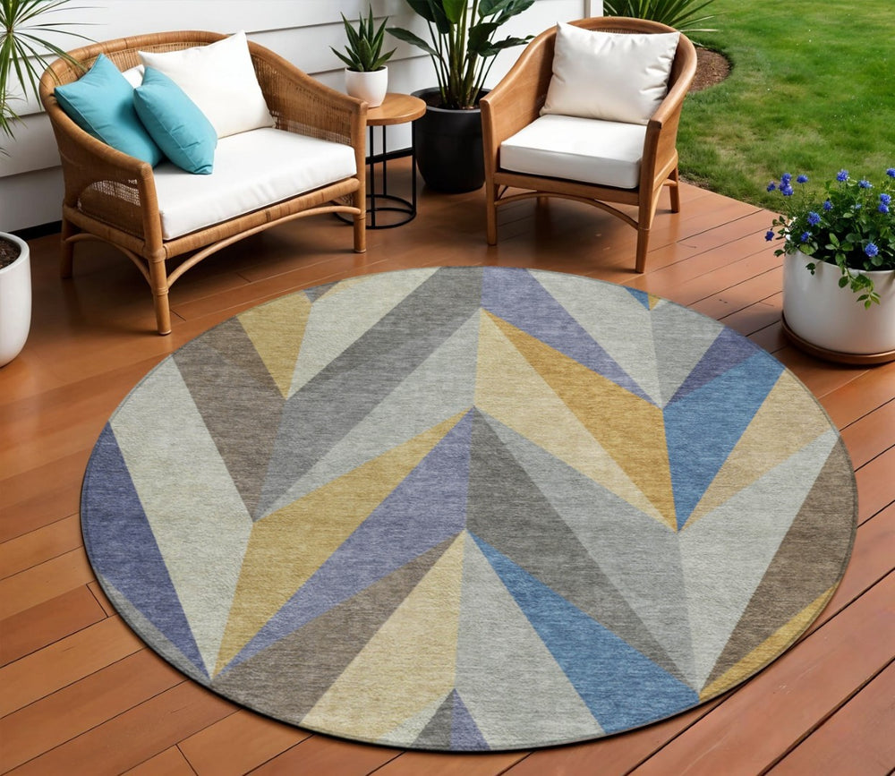 HomeRoots 8' Gold Blue Ivory Round Geometric Area Rug - Stylish, Washable Design for Indoor/Outdoor Spaces 641202