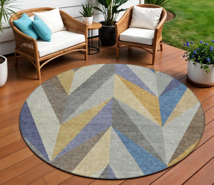 HomeRoots 8' Gold Blue Ivory Round Geometric Area Rug - Stylish, Washable Design for Indoor/Outdoor Spaces 641202