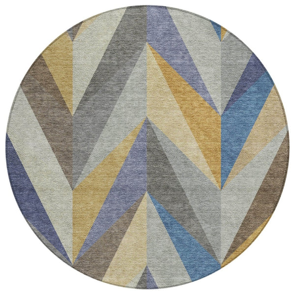 HomeRoots 8' Gold Blue Ivory Round Geometric Area Rug - Stylish, Washable Design for Indoor/Outdoor Spaces 641202