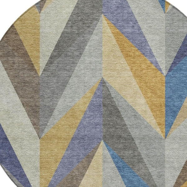 HomeRoots 8' Gold Blue Ivory Round Geometric Area Rug - Stylish, Washable Design for Indoor/Outdoor Spaces 641202