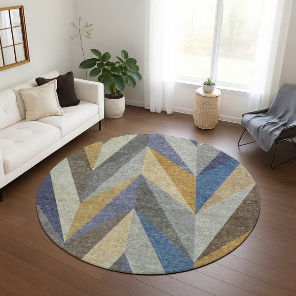 HomeRoots 8' Gold Blue Ivory Round Geometric Area Rug - Stylish, Washable Design for Indoor/Outdoor Spaces 641202