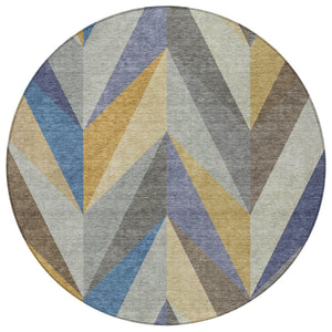 HomeRoots 8' Gold Blue Ivory Round Geometric Area Rug - Stylish, Washable Design for Indoor/Outdoor Spaces 641202