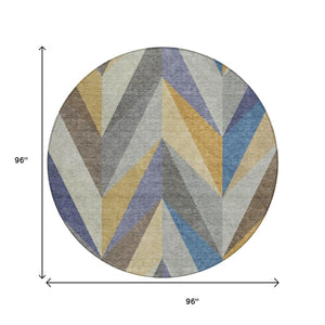 HomeRoots 8' Gold Blue Ivory Round Geometric Area Rug - Stylish, Washable Design for Indoor/Outdoor Spaces 641202