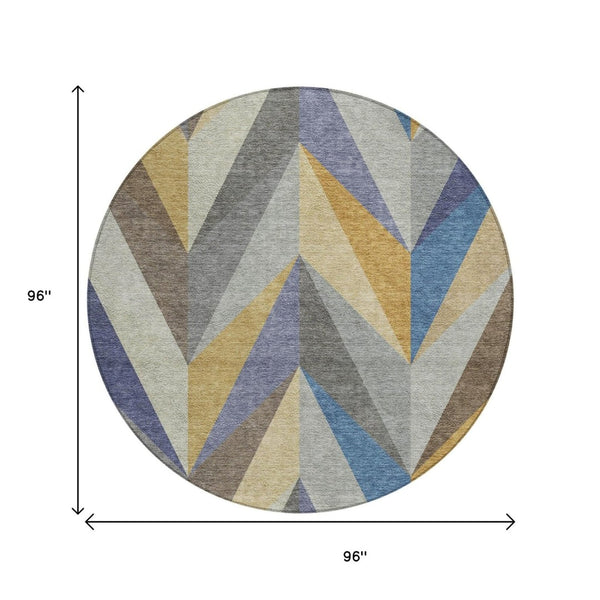 HomeRoots 8' Gold Blue Ivory Round Geometric Area Rug - Stylish, Washable Design for Indoor/Outdoor Spaces 641202