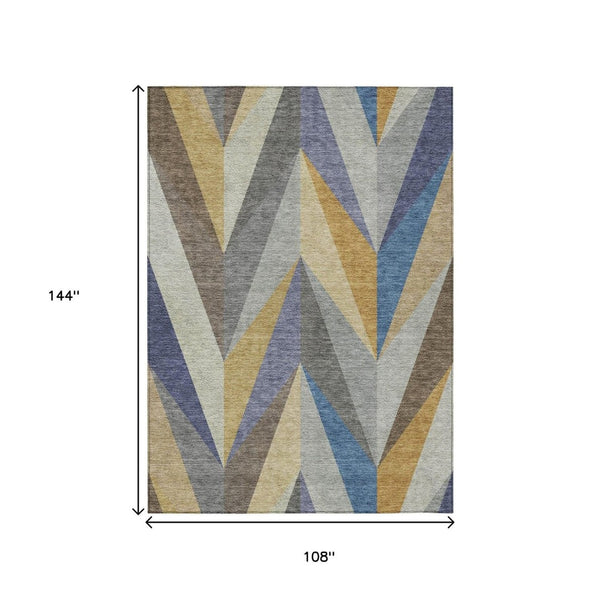 HomeRoots 9' Stylish Gold, Blue & Ivory Geometric Indoor/Outdoor Area Rug - Durable, Washable, Versatile Design 641204