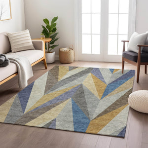 HomeRoots 9' Stylish Gold, Blue & Ivory Geometric Indoor/Outdoor Area Rug - Durable, Washable, Versatile Design 641204