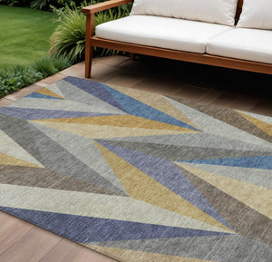 HomeRoots 10' Gold, Blue & Ivory Geometric Washable Indoor/Outdoor Area Rug - Durable, Stylish & Easy Care! 641205