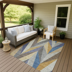 HomeRoots 10' Gold, Blue & Ivory Geometric Washable Indoor/Outdoor Area Rug - Durable, Stylish & Easy Care! 641205