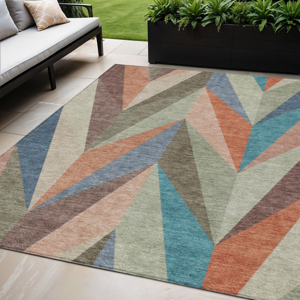 HomeRoots 5' X 8' Geometric Sage, Orange & Blue Area Rug - Washable, Durable for Indoor/Outdoor Use, Stain-Resistant 641207