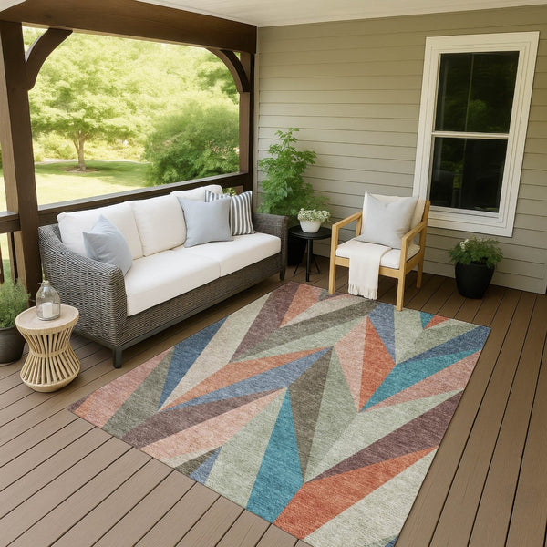 HomeRoots 5' X 8' Geometric Sage, Orange & Blue Area Rug - Washable, Durable for Indoor/Outdoor Use, Stain-Resistant 641207